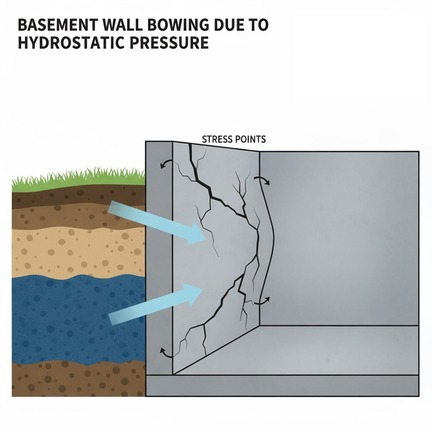 basement wall bowing due to hydrostatic pressure graphic
